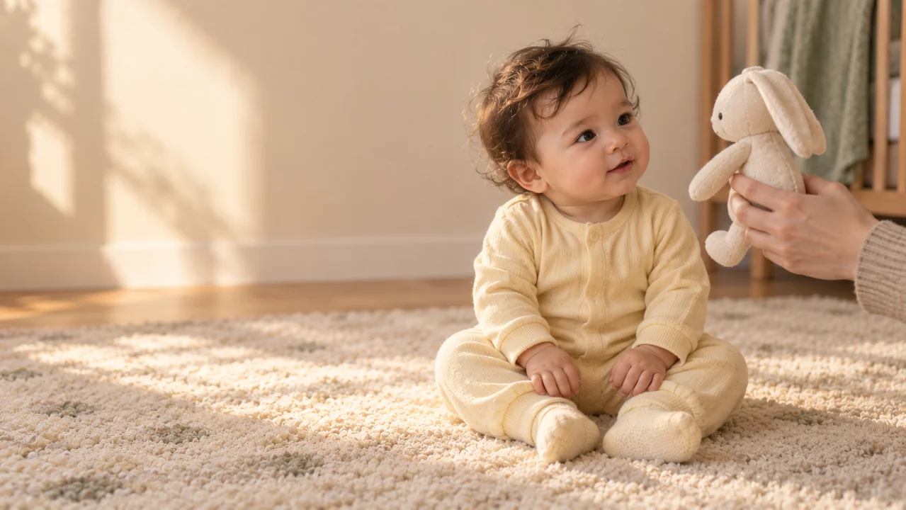 A fictional baby in a pale yellow outfit looks at a cloth rabbit held by an adult hand.