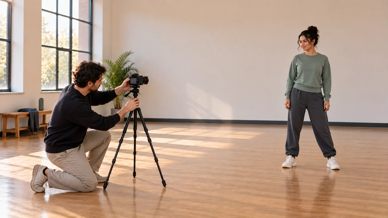 An adult creator adjusts a tripod camera while a fully clothed dancer waits on the open studio floor.