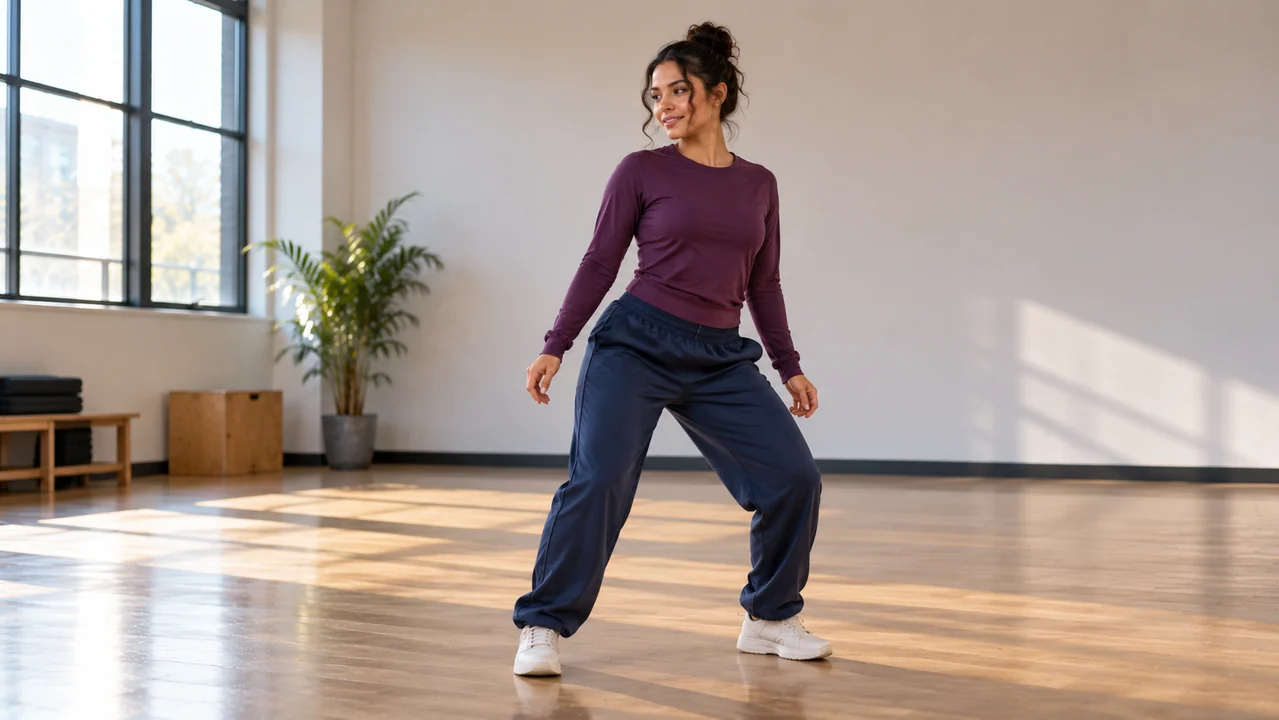A fully clothed adult dancer holds a small grounded dance pulse with both trainers visible on the studio floor.