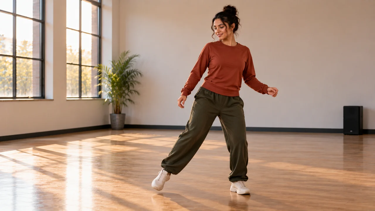 An adult dancer takes a relaxed side step in warm studio light beside a small unmarked speaker.