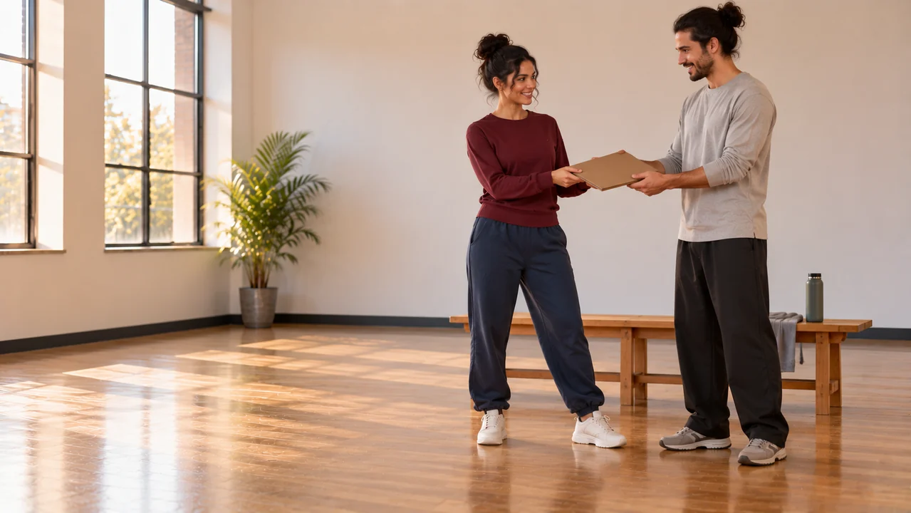 Two fully clothed adults exchange a closed rehearsal folder beside a simple studio bench.