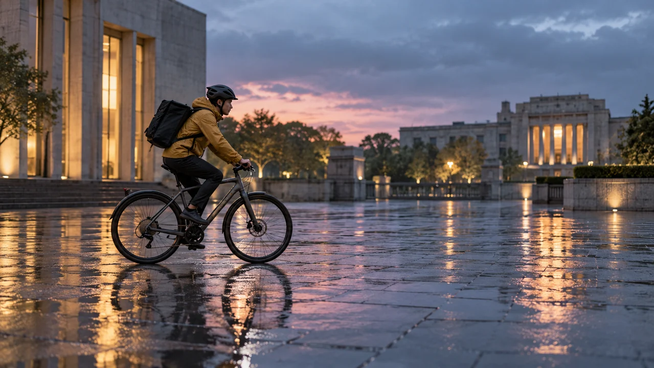 A lone cyclist in an ochre jacket rides across an open rain-wet plaza at dusk beside soft puddle reflections.