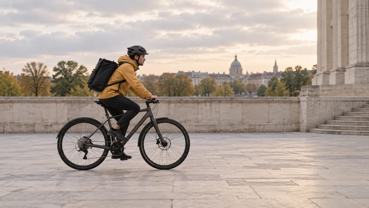 A cyclist rides from left to right beside a plain plaza wall, with the entire bicycle and open route clearly visible.