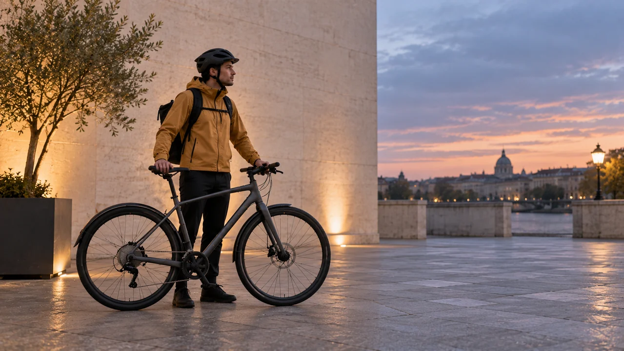 A courier stands beside a charcoal bicycle at the edge of a plaza, leaving clear space ahead for forward movement.