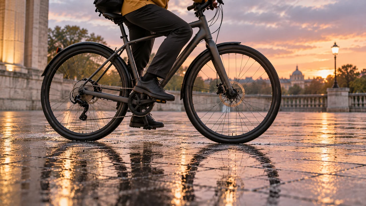 A bicycle wheel passes a shallow puddle while the rider's shoe rests naturally on the pedal beside it.