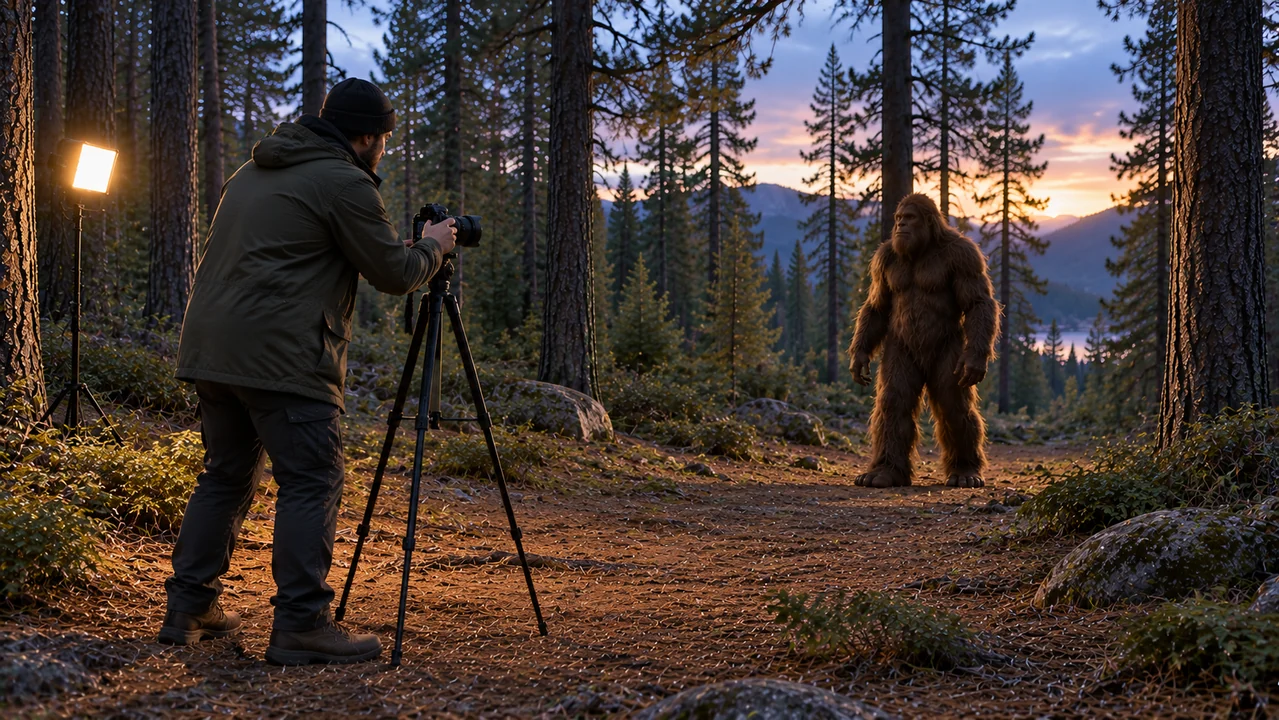 An adult filmmaker adjusts a camera while a performer in a fictional Bigfoot costume waits on a pine-forest trail.