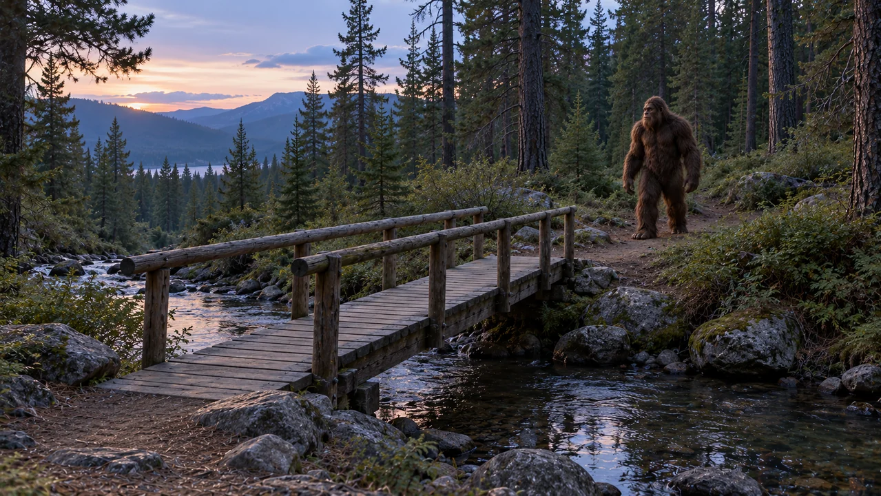 A fictional Bigfoot waits beyond a small wooden footbridge crossing a narrow pine-forest stream.