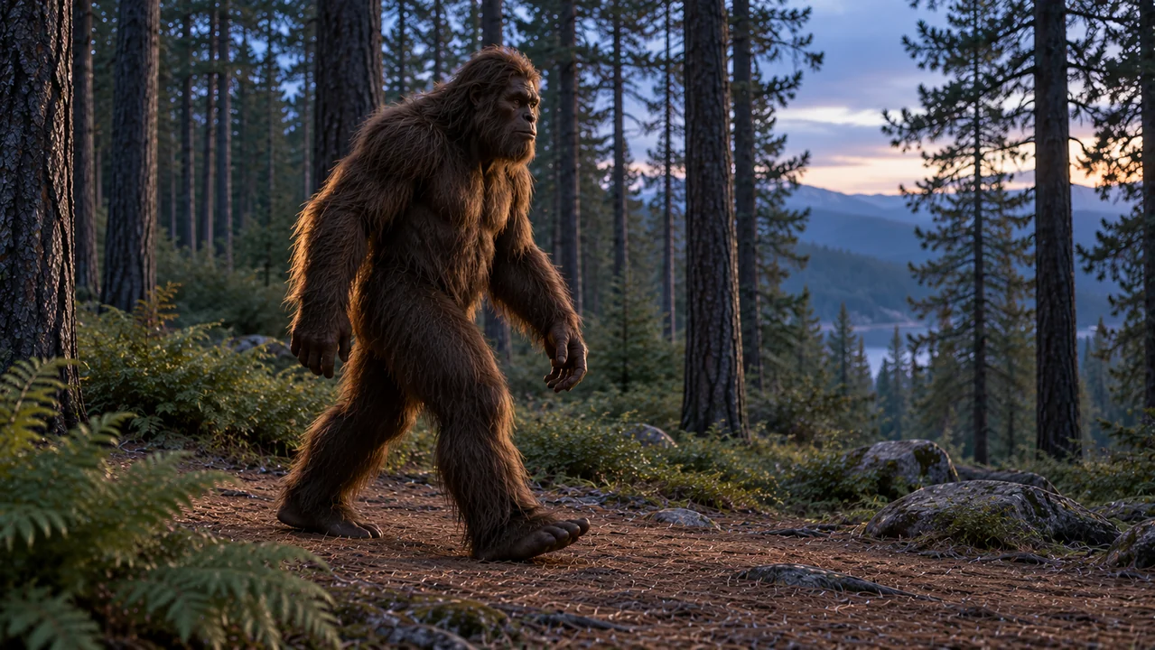 A fictional fur-covered creature takes one slow step along a clear trail between widely spaced pines.