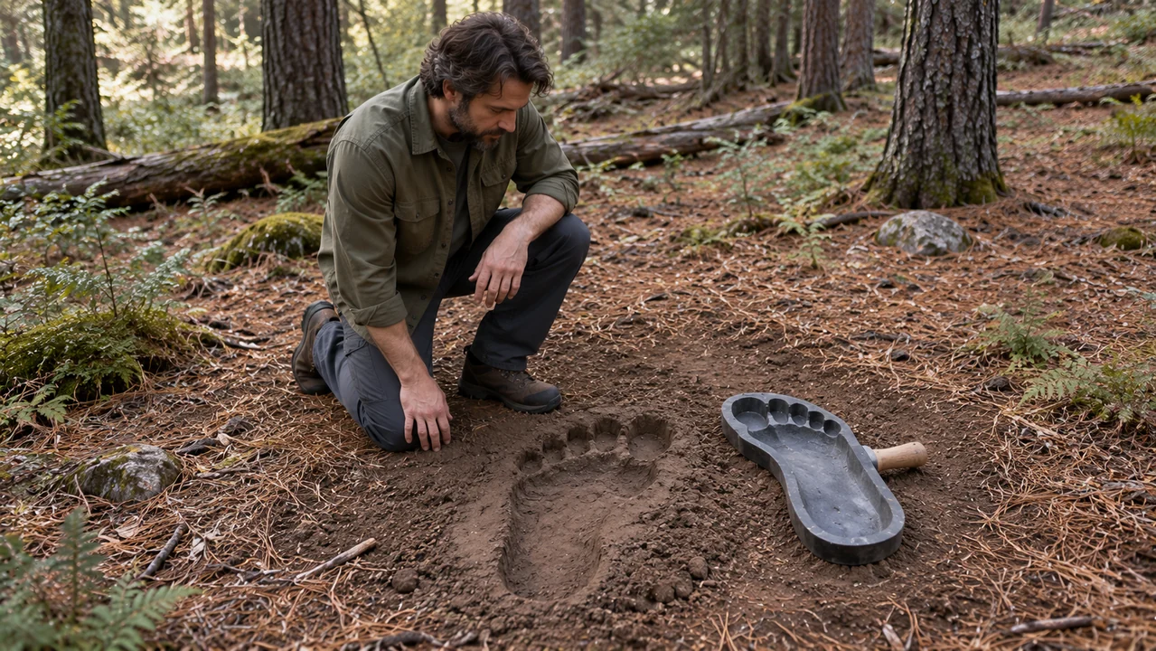An adult prop maker kneels beside an oversized footprint impression and a plain matching molding stamp in forest soil.