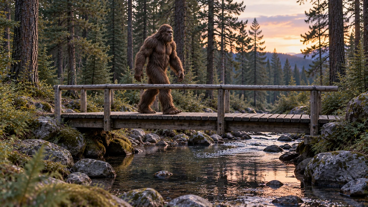 A fictional Bigfoot stands on a low wooden bridge with both feet and the bridge boards clearly visible.