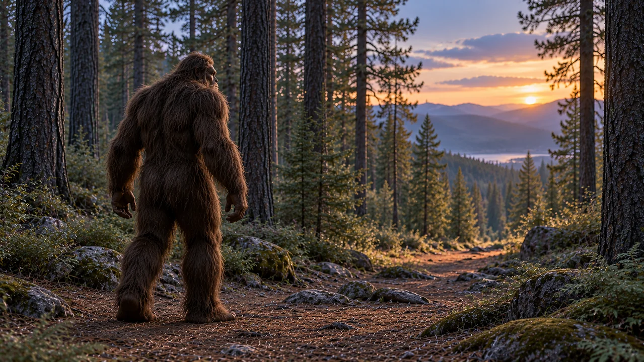 A fictional shaggy creature pauses at a broad gap between pine trees with an open path ahead.