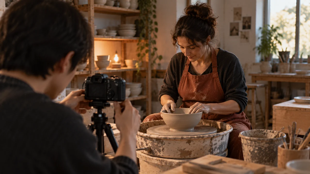 A creator frames a potter and a single clay bowl with a small camera inside a warmly lit workshop.