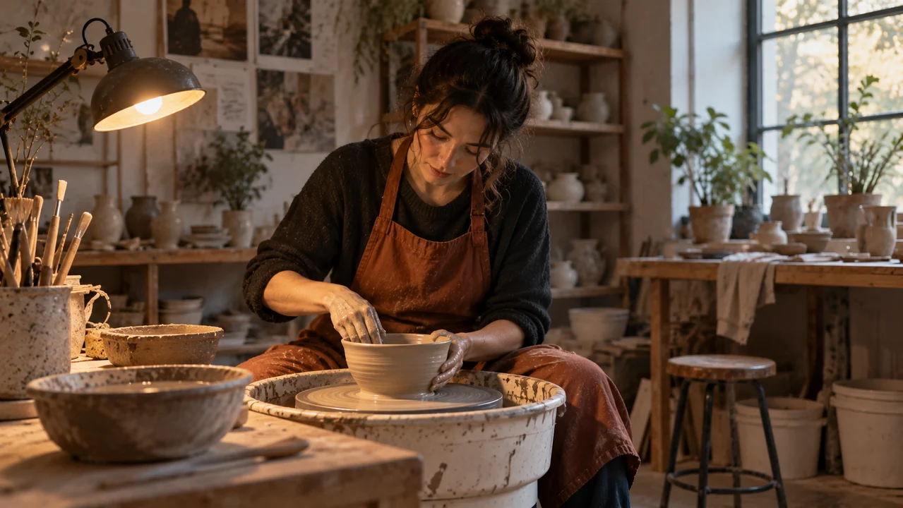 An adult ceramicist in a rust-colored apron shapes a clay bowl at a wheel in a warmly lit pottery studio.
