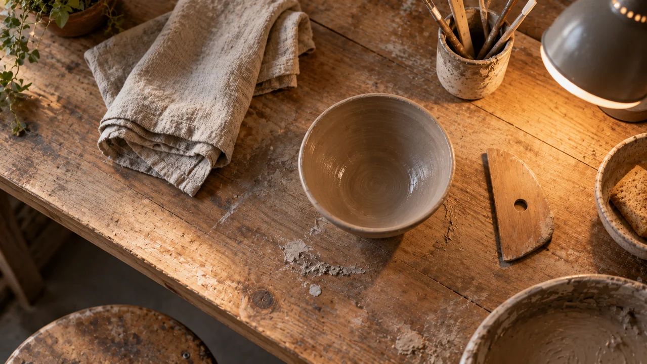 A clay bowl, wooden shaping rib, and folded linen sit together beneath a warm lamp on a pottery workbench.