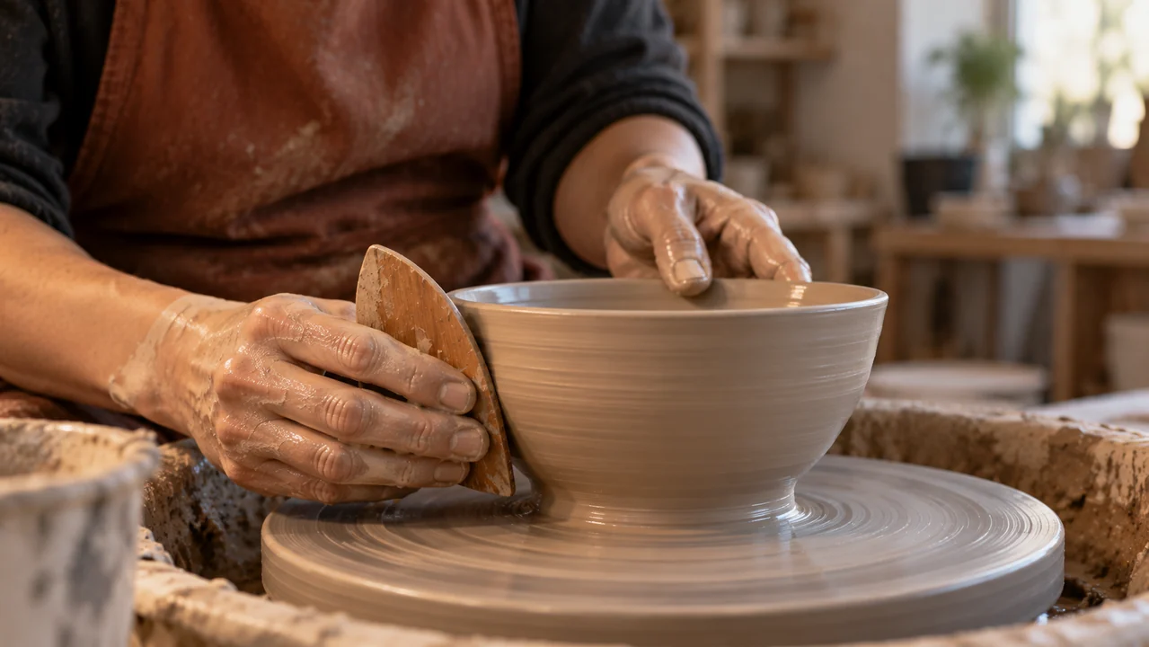 A potter holds a wooden shaping rib against a wet clay bowl, with both hands and the contact point clearly visible.