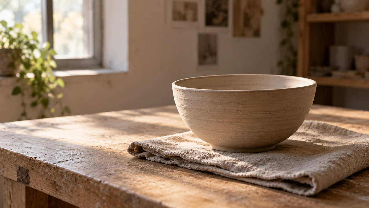 An unglazed bowl rests on folded linen beside soft window light, with its rim and fine clay texture clearly visible.