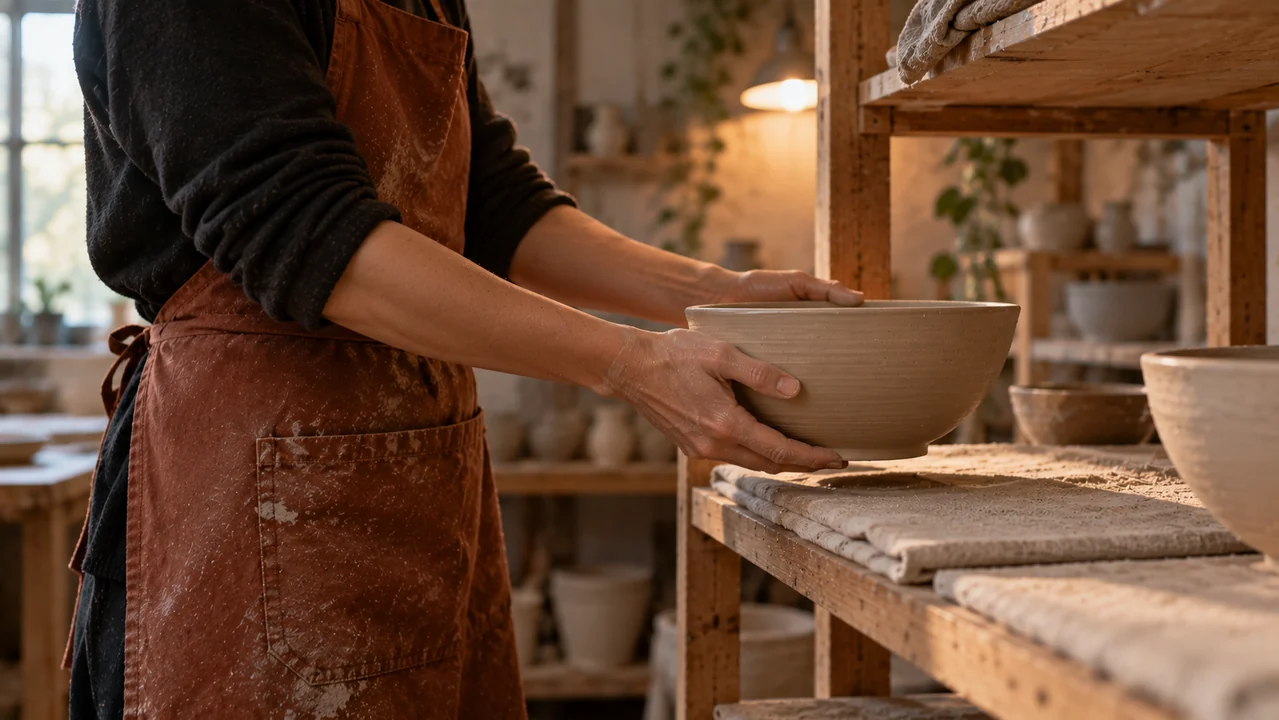A ceramicist carefully lowers an unfired bowl onto a linen-padded wooden drying shelf in a quiet studio.