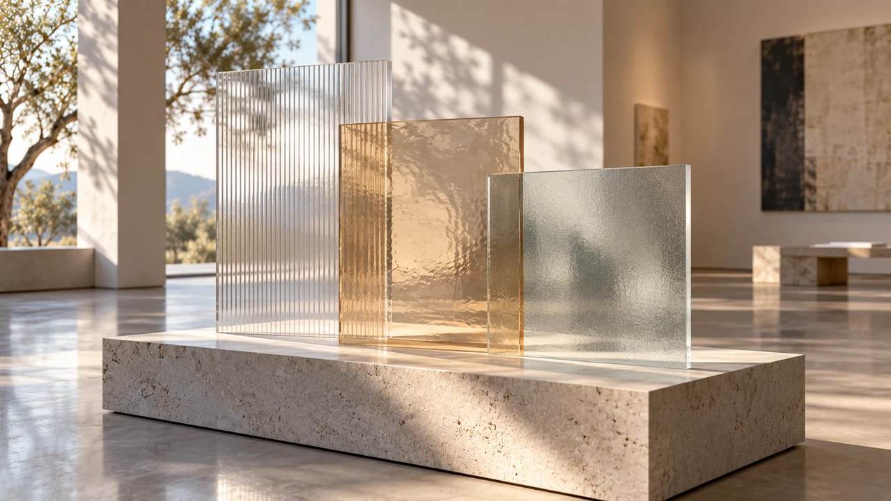 Three translucent glass panels overlap on a stone table beside a wide area of empty background.