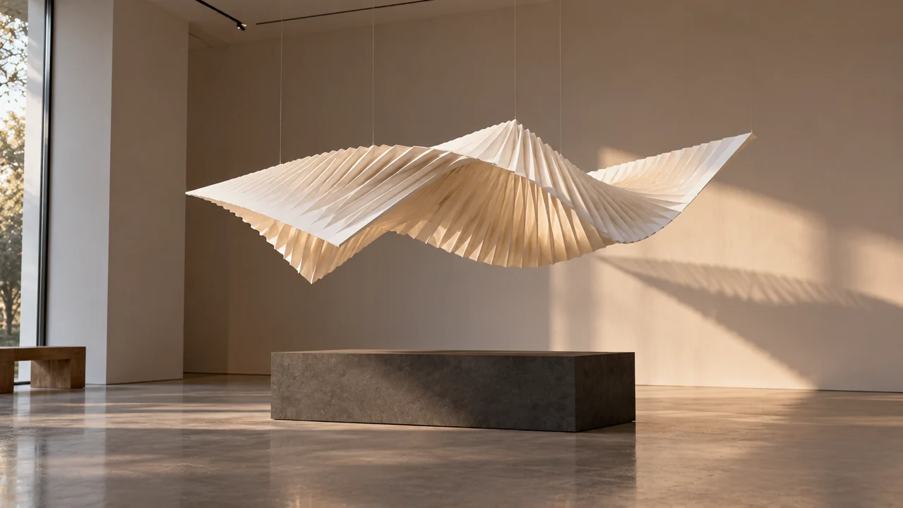 A folded ivory paper sculpture hangs above a charcoal pedestal and casts a delicate shadow on the wall.