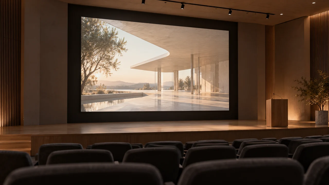 An architectural canopy visual fills a projection screen in a small empty auditorium prepared for a design presentation.