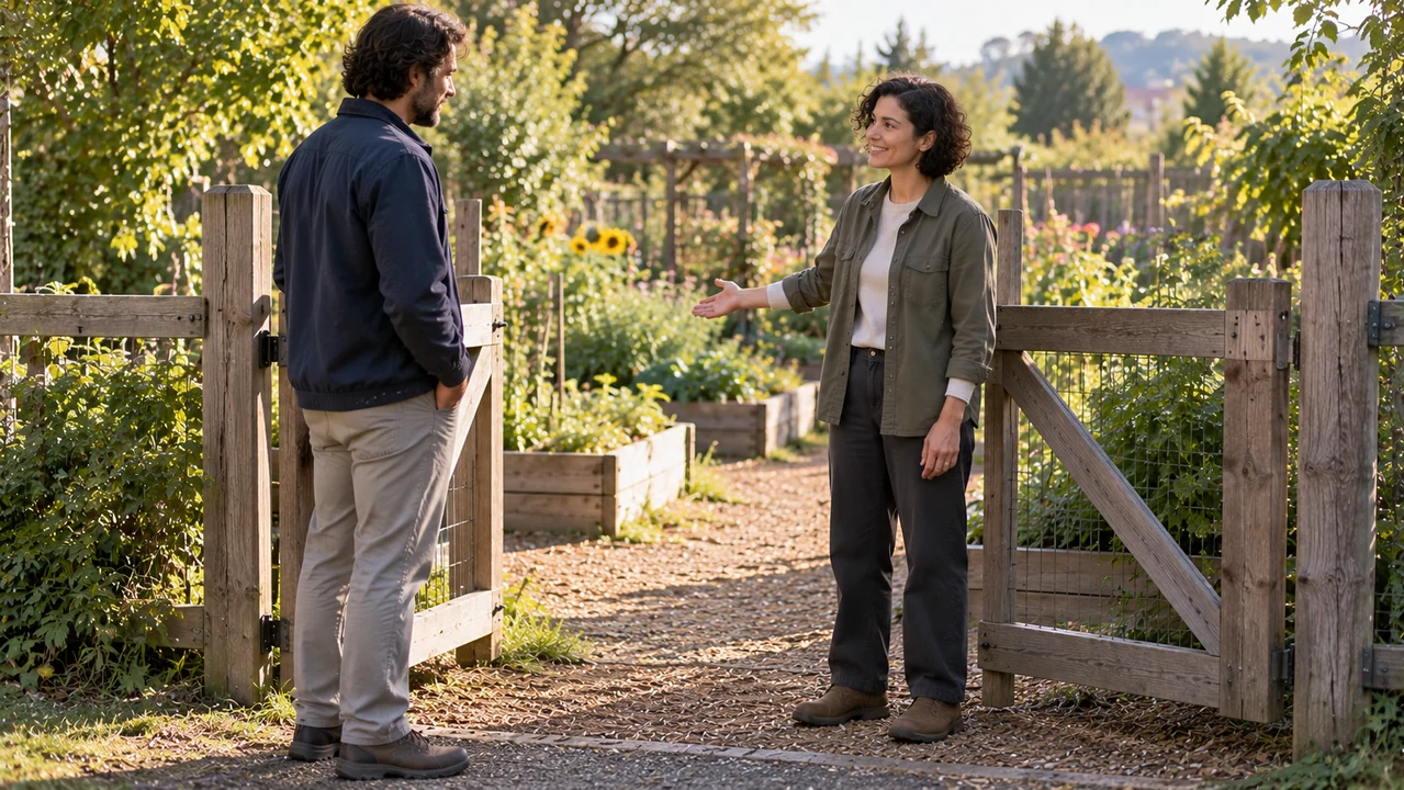 A coordinator welcomes a volunteer at an open garden gate with a relaxed open-handed gesture.