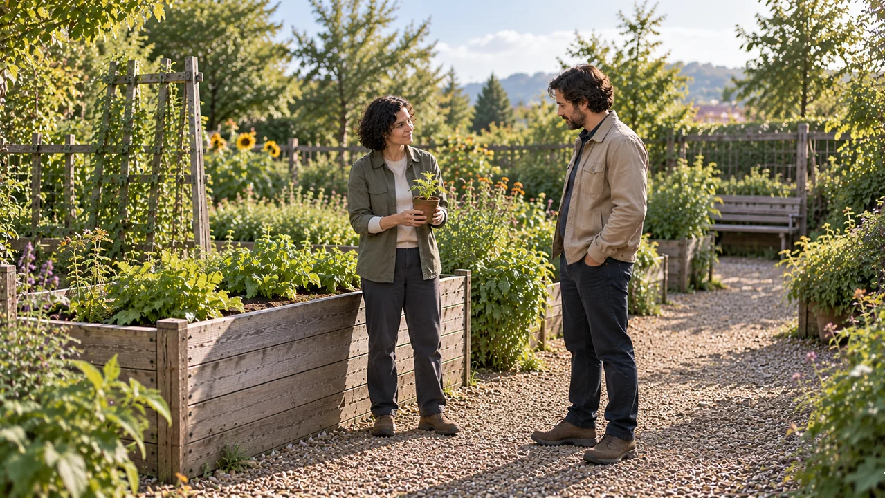 A coordinator explains a seedling arrangement to a volunteer beside a raised garden bed.