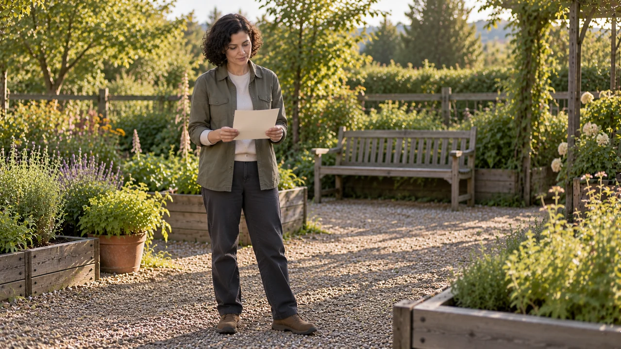 A coordinator pauses over a blank sheet in a quiet garden clearing, as though reading a draft aloud.