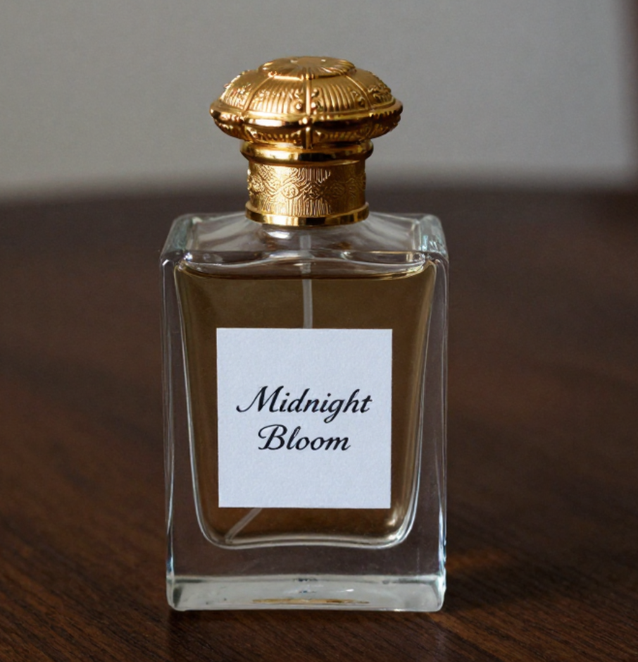 Labeled perfume bottle with a gold cap