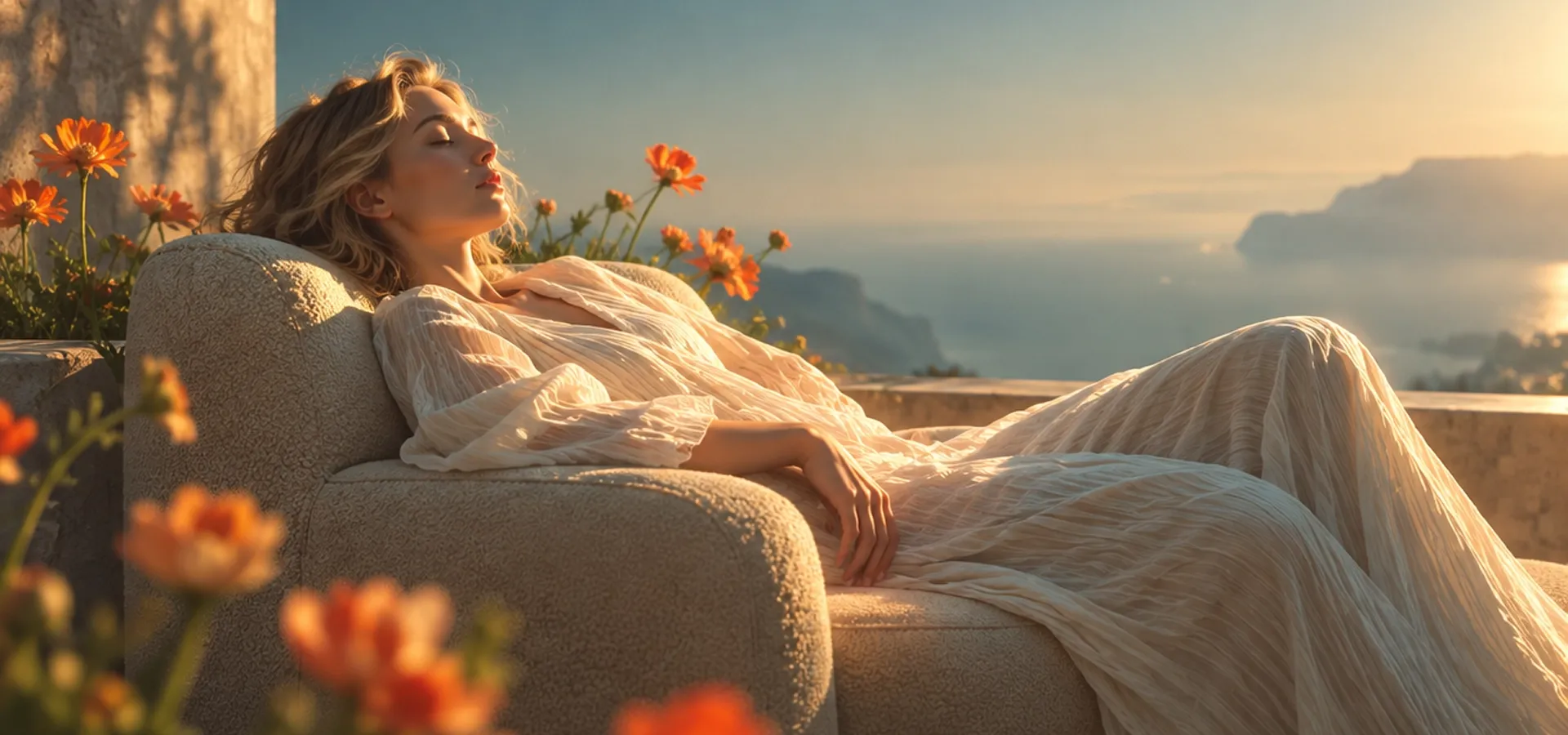 Portrait among flowers in sunlight