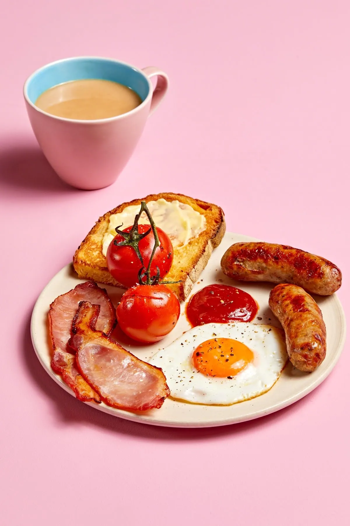 Breakfast plate on a pink tabletop