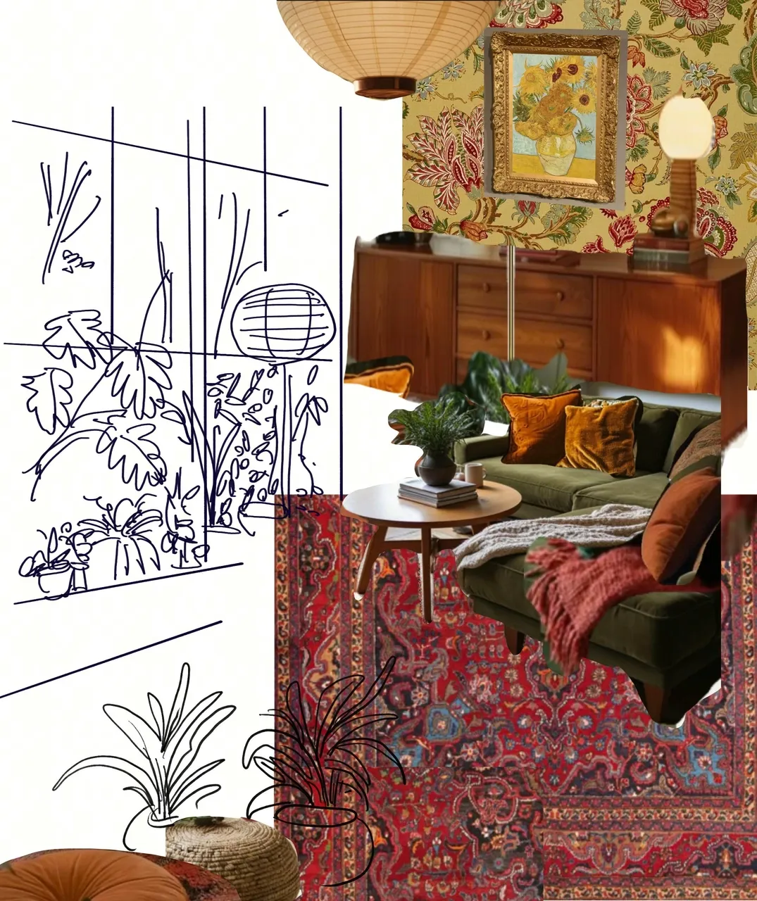 Interior sketch alongside a furnished room concept