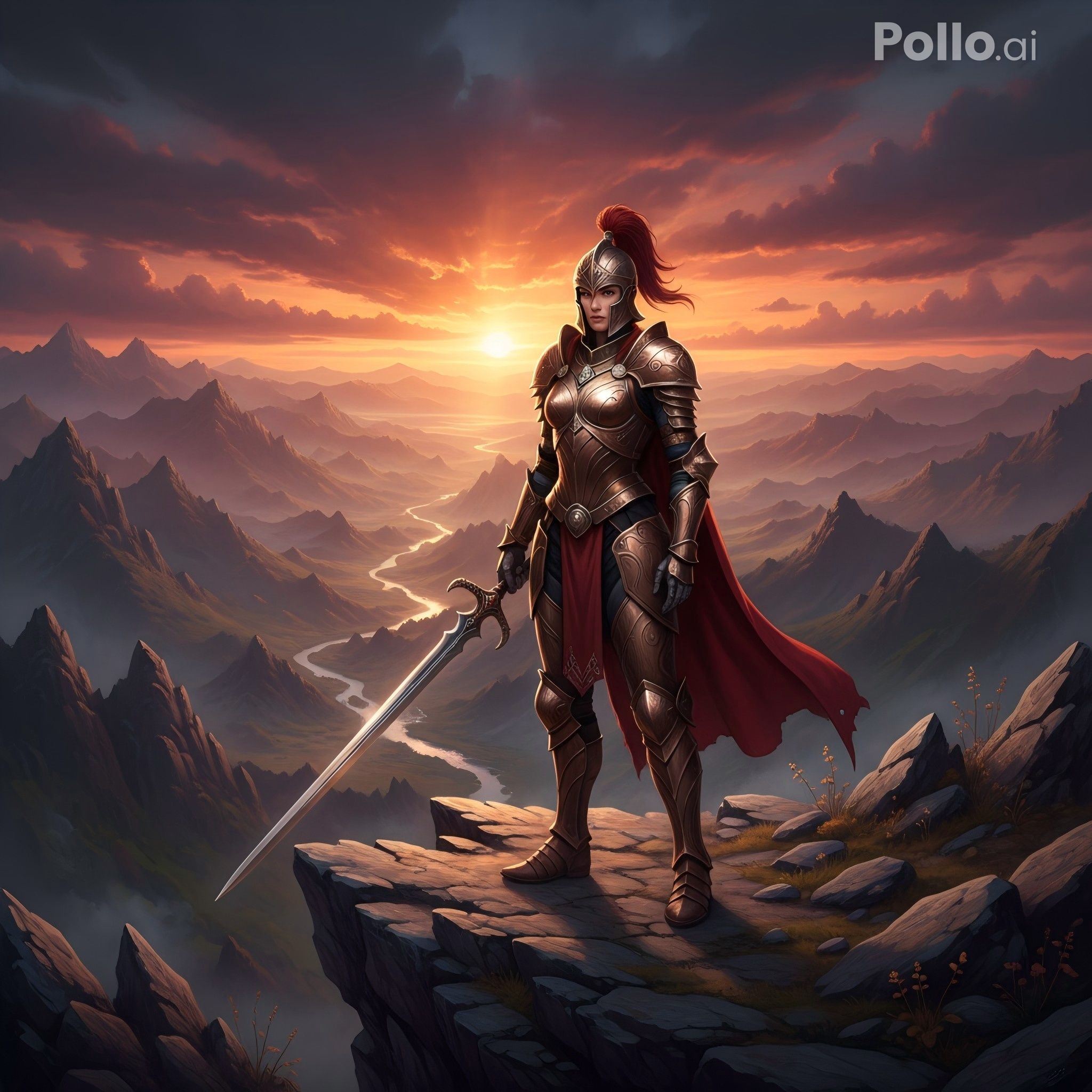 Armored fantasy character at sunset
