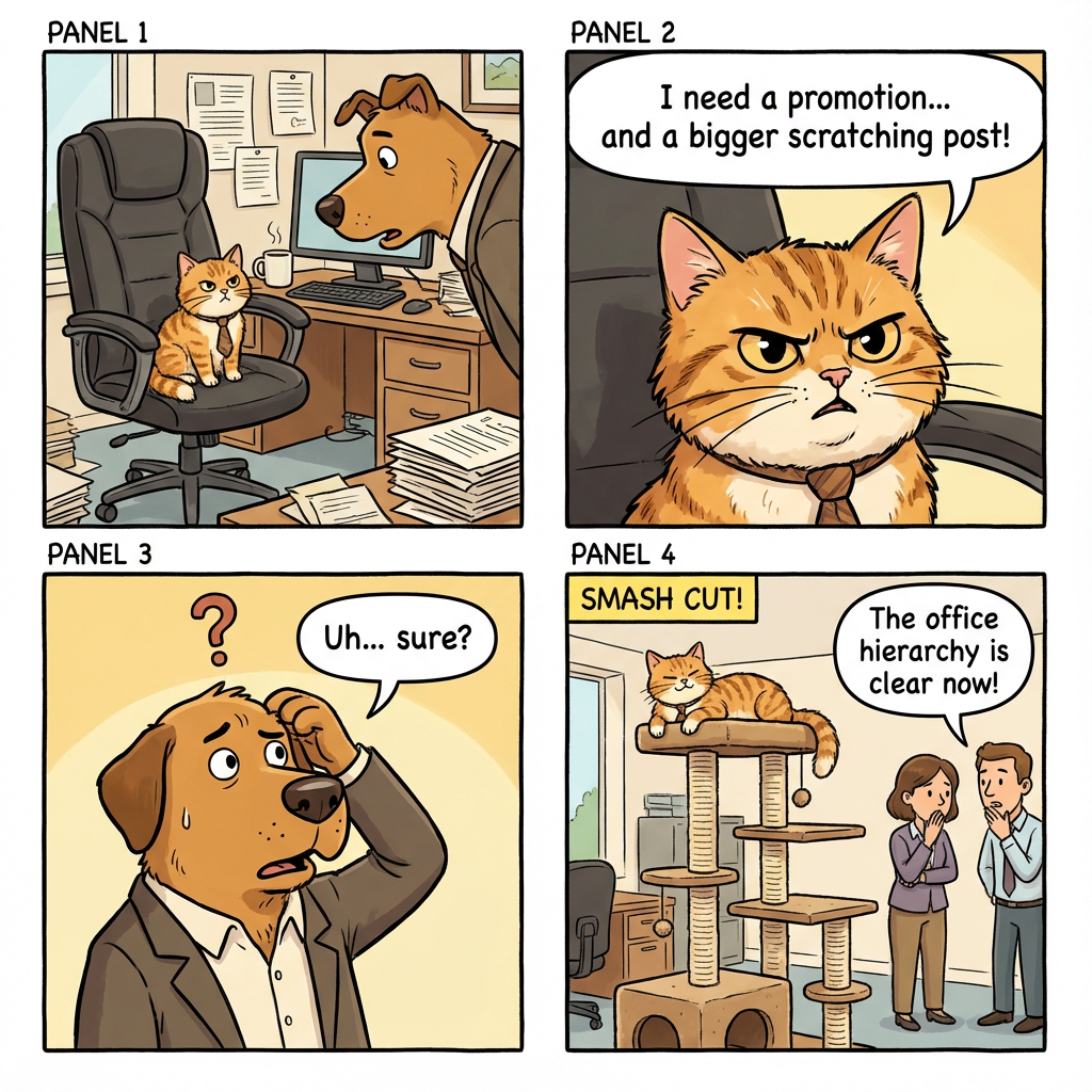 Illustrated panels telling a cat story