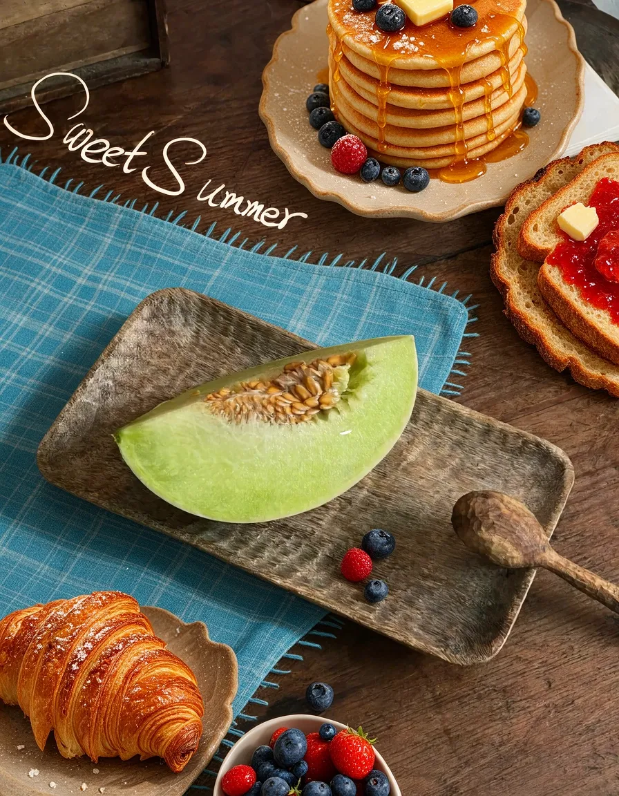 Breakfast still life with fruit and croissants