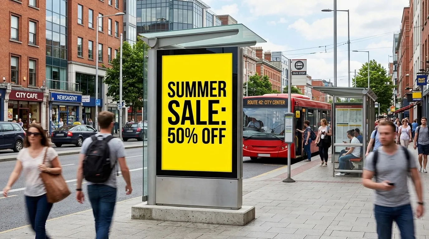 Billboard mockup at a city bus stop