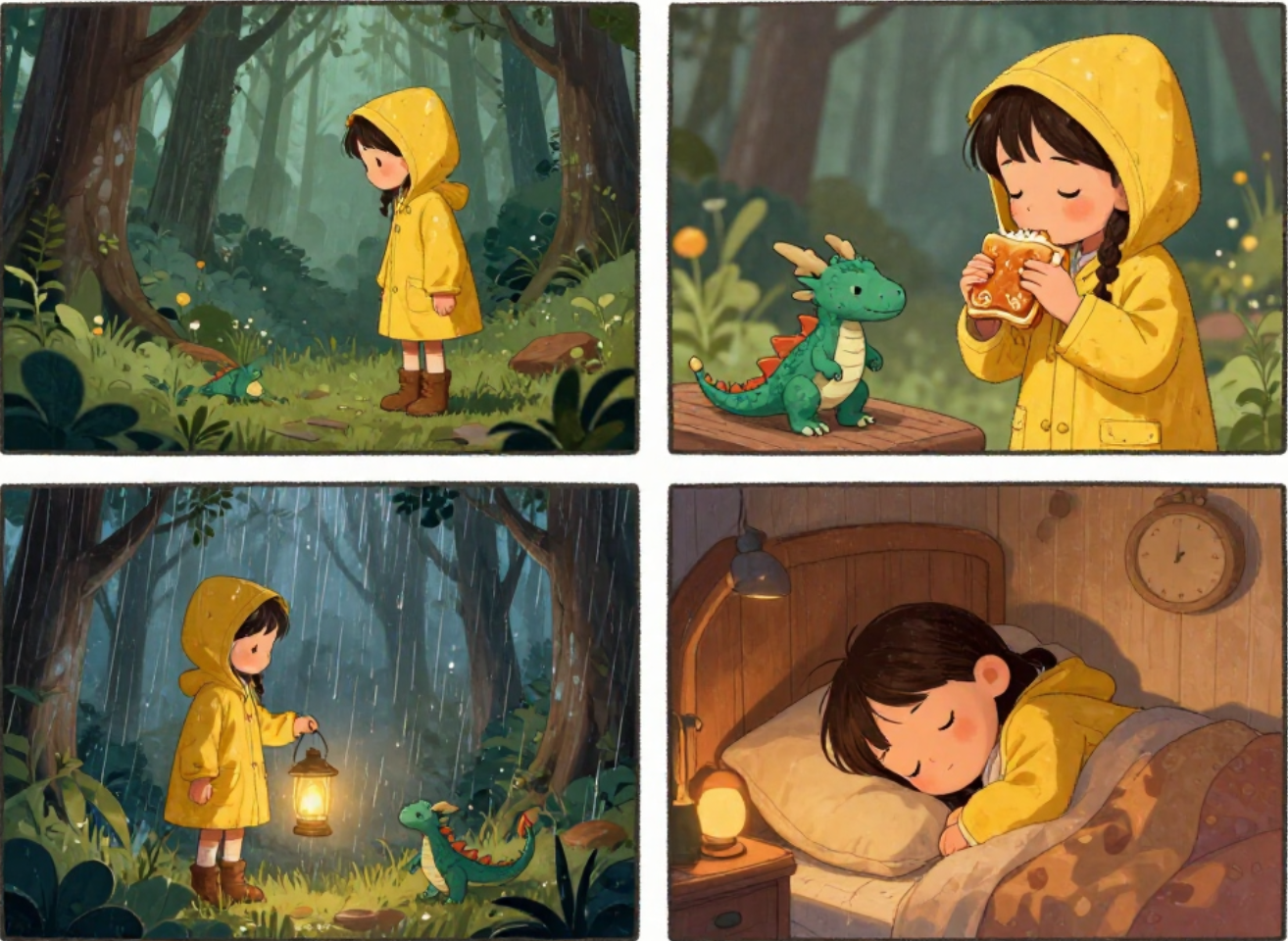 Illustrated story featuring a girl and a small dragon