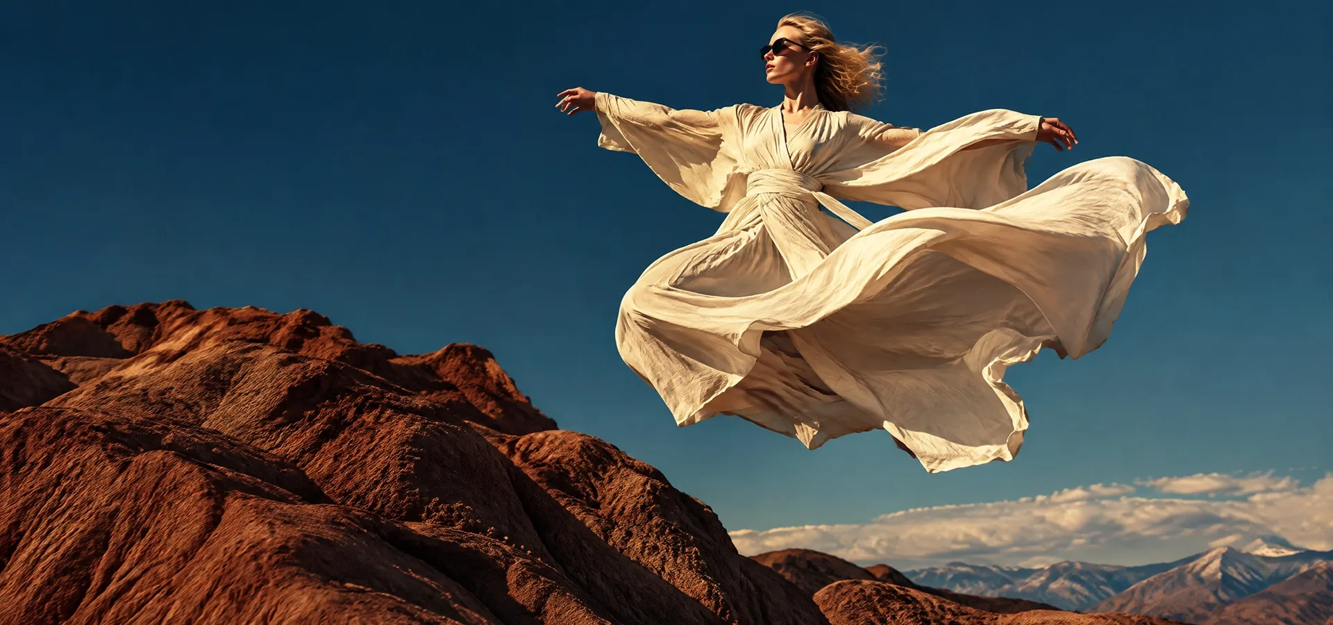 Flowing white dress above a desert landscape