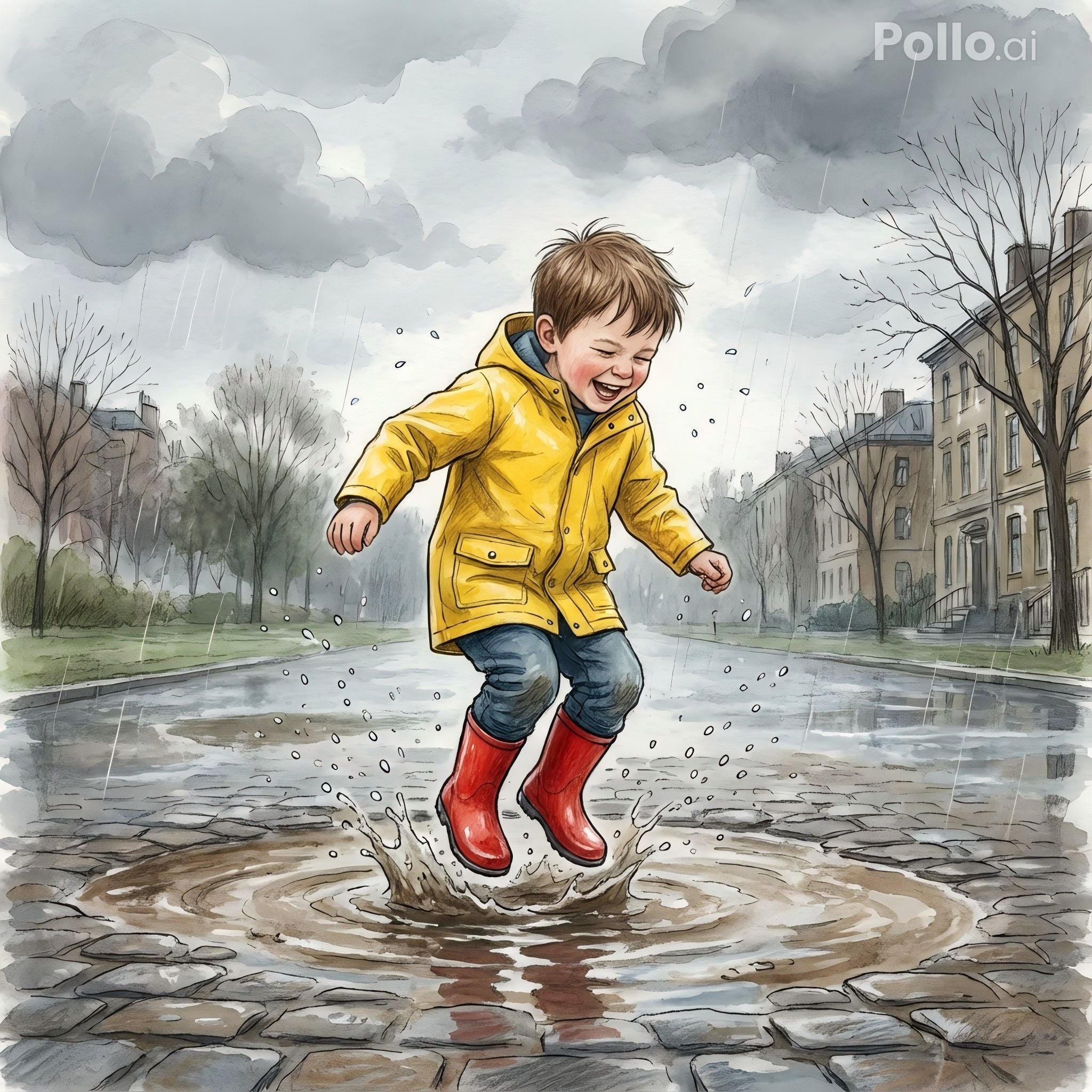 Child in a yellow raincoat jumping into a puddle