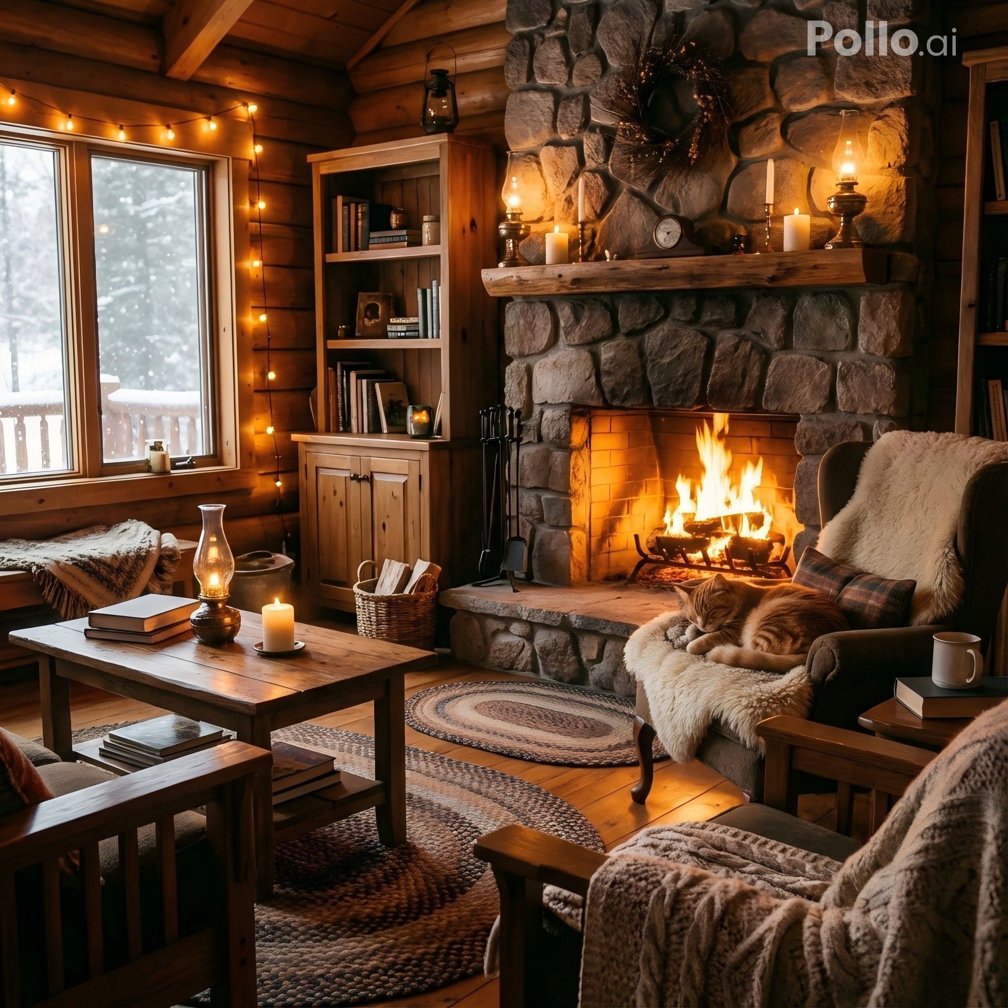 Cabin interior with a glowing fireplace