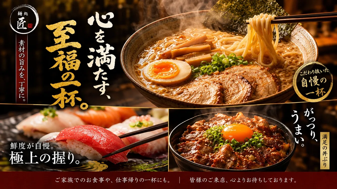 Restaurant poster featuring ramen and sushi
