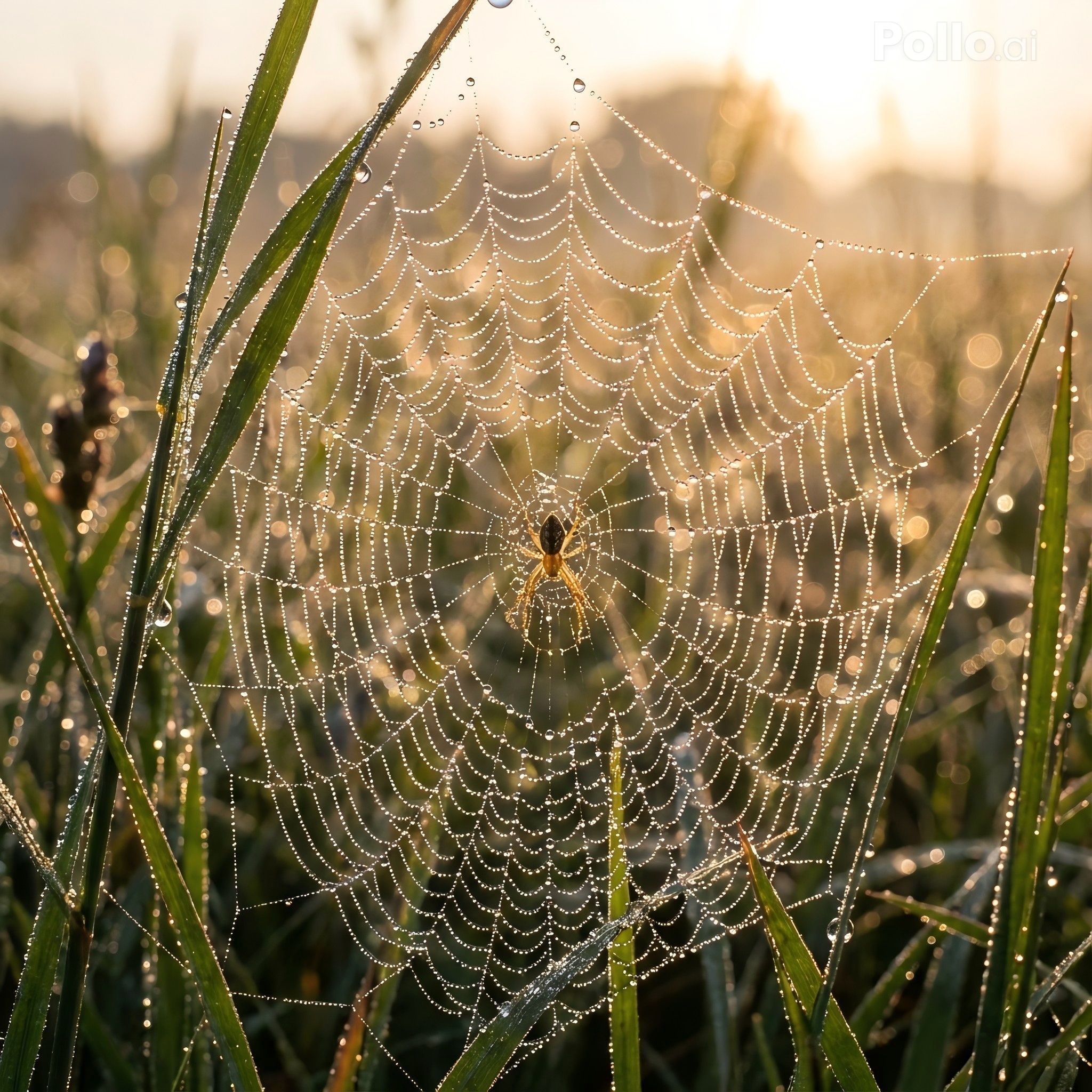 Dew-covered spiderweb at sunrise