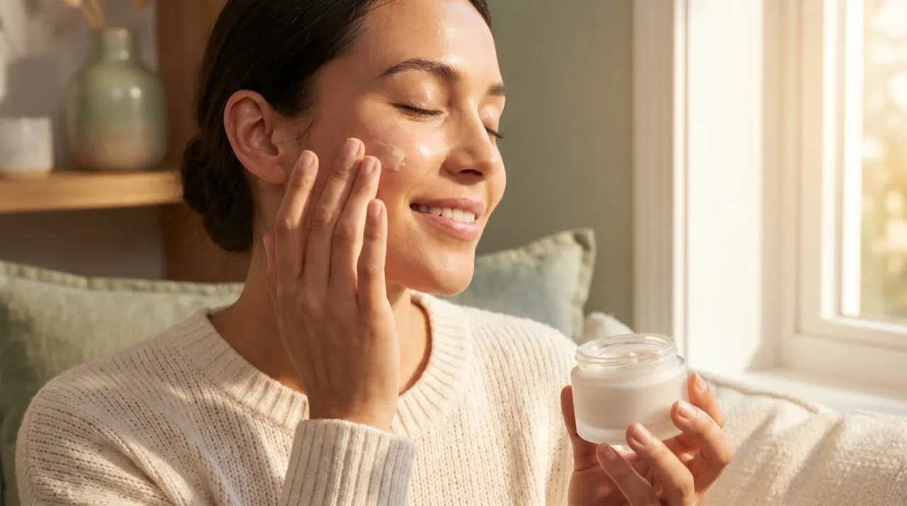 Woman applying skincare cream.