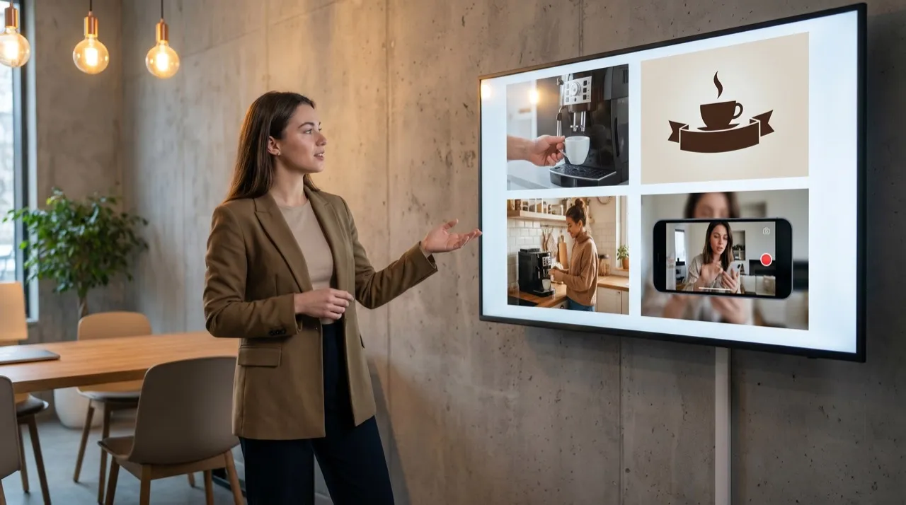 Woman presenting coffee in a creator-style scene.