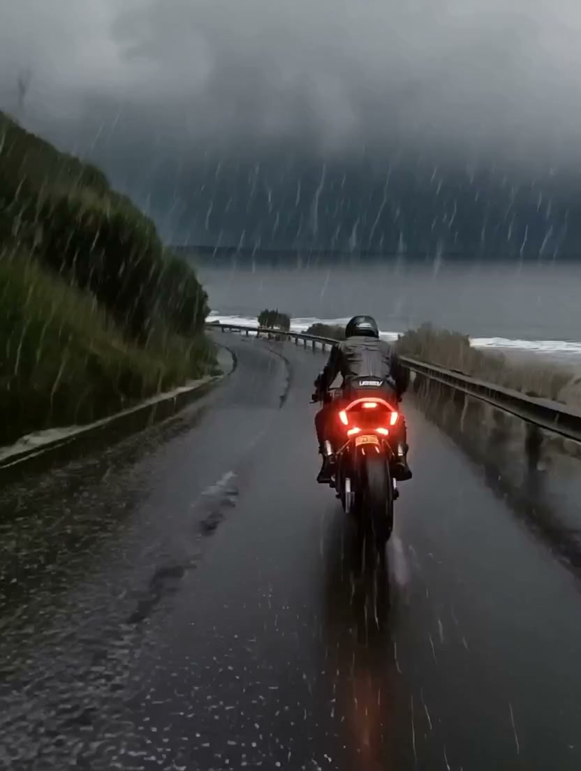 Motorcyclist riding on a rain-darkened road.