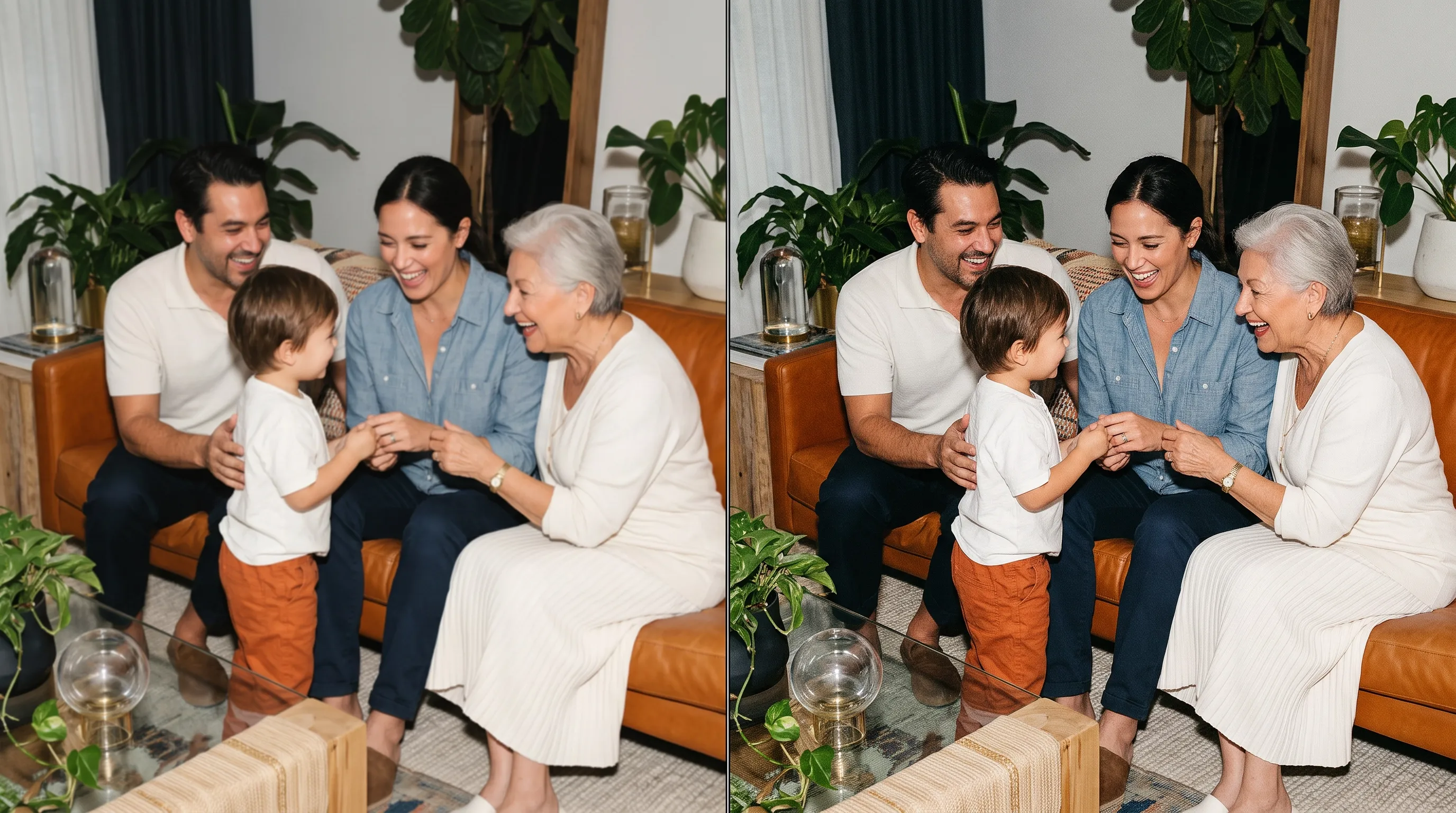 Family photograph before and after detail enhancement.