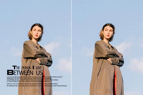 Photograph before and after removing overlaid text.