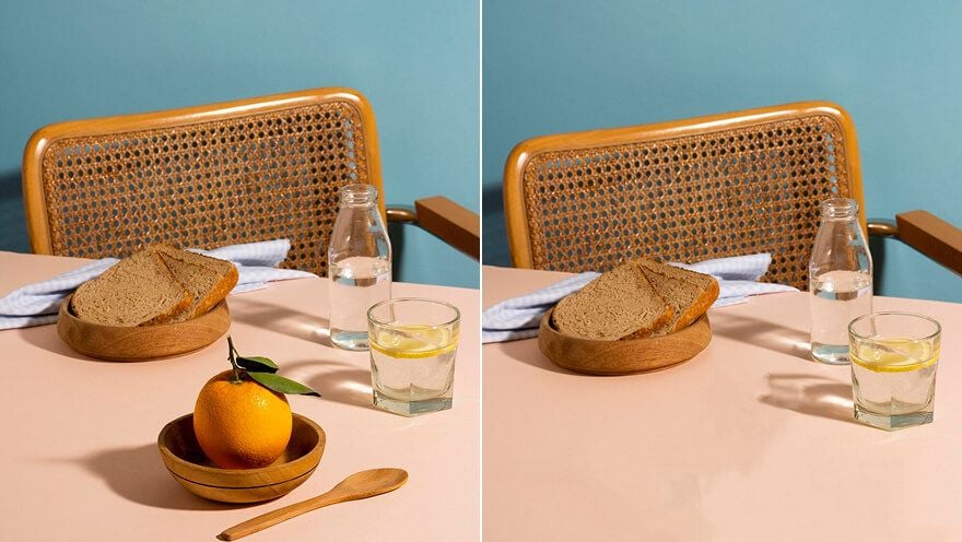 Breakfast table before and after an orange, bowl, and spoon are removed.