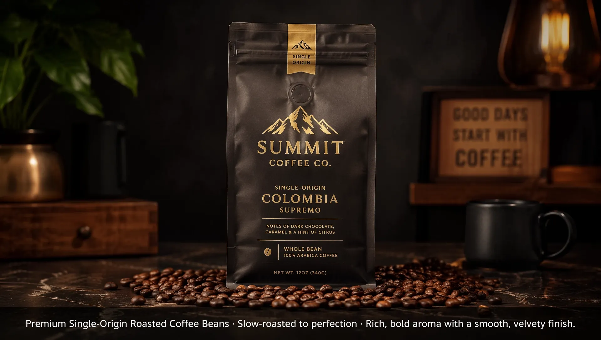 Coffee bag arranged for a product presentation.