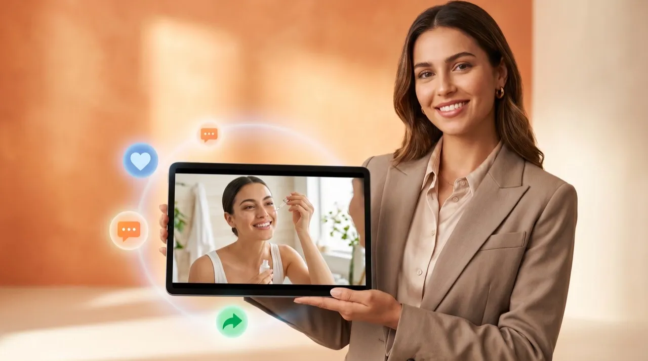 Woman holding a tablet during a presentation.